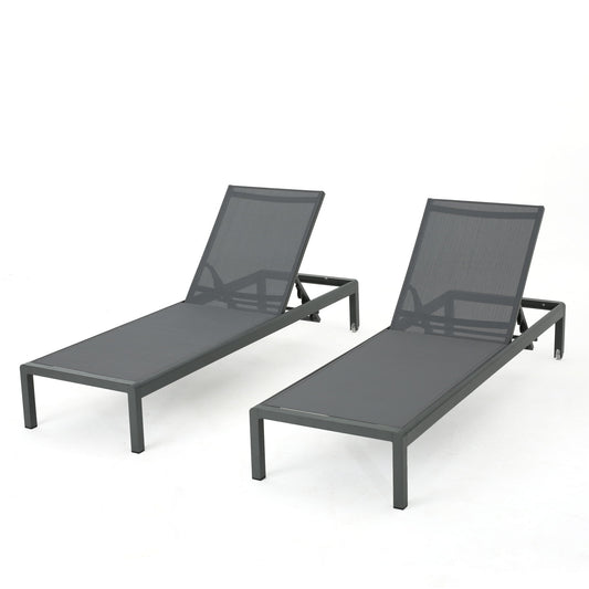 Two Outdoor Patio Chaise Lounge With 5 Reclining Positions, featuring black metal frames and mesh fabric seats, are displayed on a white background.