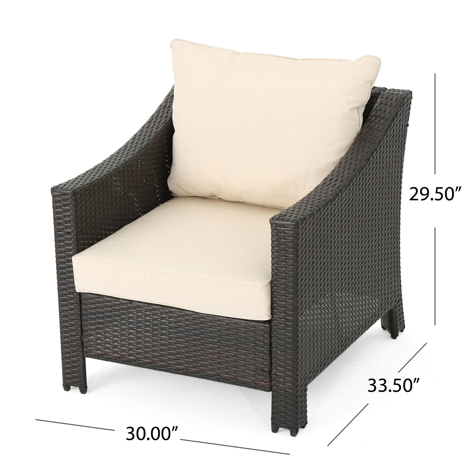 The Antibes Armchair With Water Resistant Cushions features brown wicker and cream cushions, shown from an angle. Dimensions: 29.50"H x 30.00"W x 33.50"D are labeled in the image.