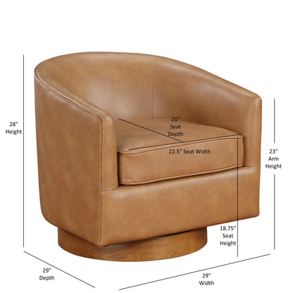 The Maisy Barrel Swivel Chair features tan leather upholstery, a rounded back, and armrests. Dimensions: 28"H x 29"W x 29"D; arm height 23", seat height 18.75", seat depth 21", seat width 22.5".