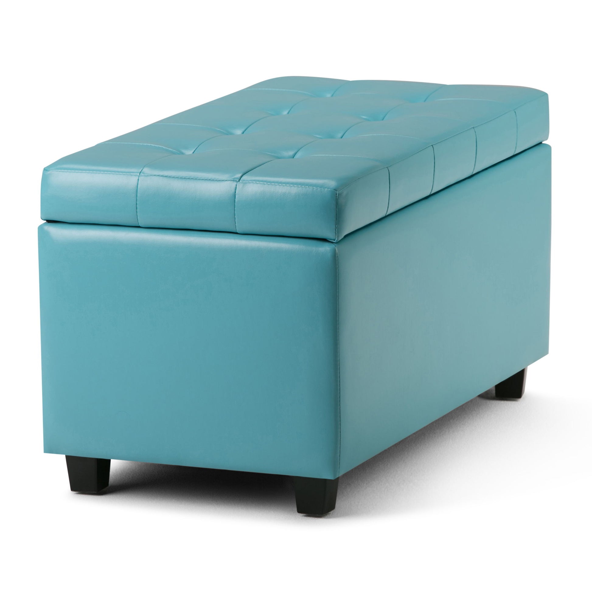 The Cosmopolitan Upholstered Storage Ottoman is a rectangular turquoise piece with a tufted top, short black legs, and a lift-top lid for hidden storage, shown on a white background.