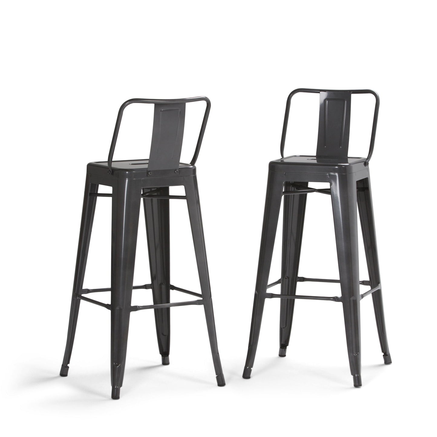 A set of two Rayne Curved Back Metal Stools featuring tall, industrial-style black metal frames with backrests and footrests, shown on a white background.
