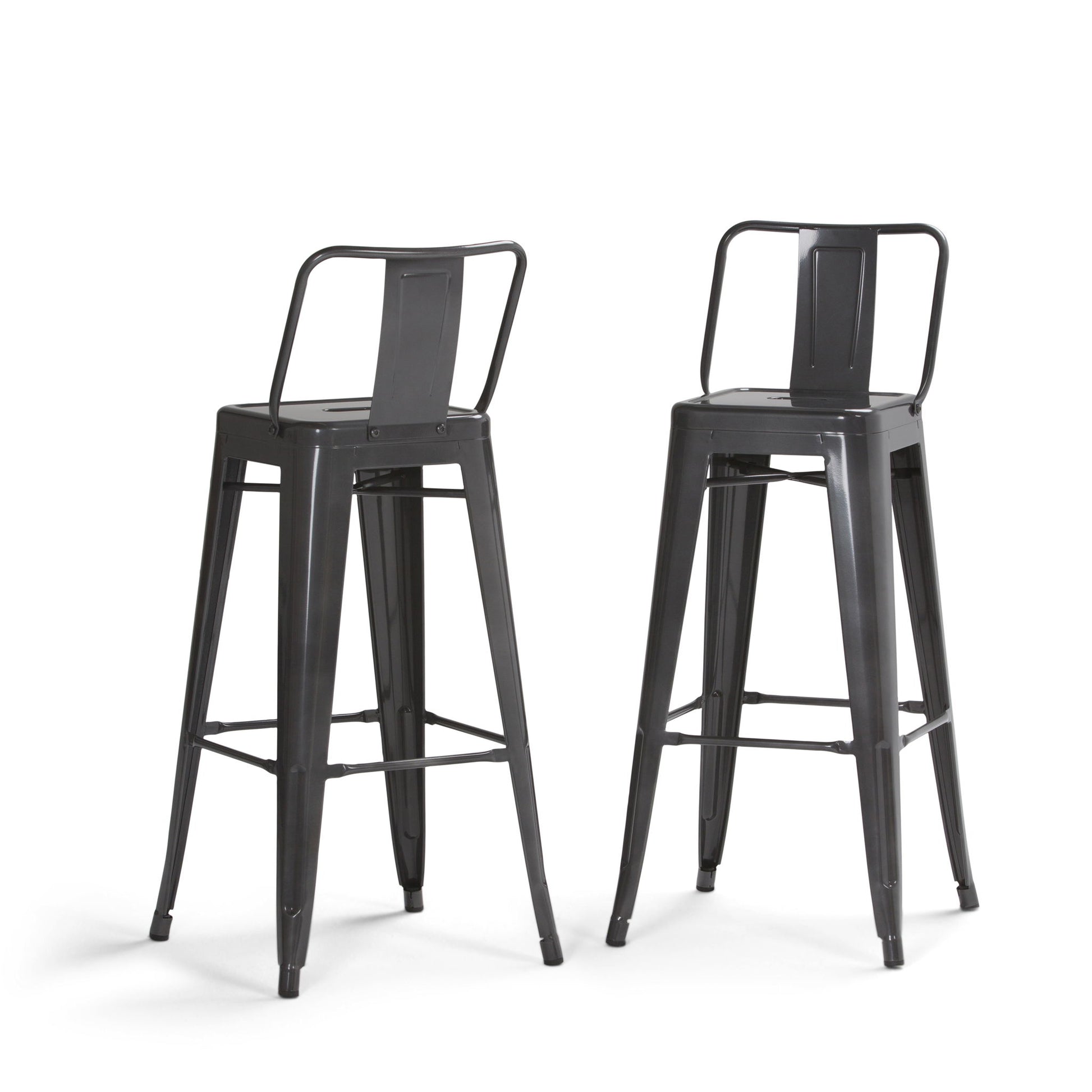 A set of two Rayne Curved Back Metal Stools featuring tall, industrial-style black metal frames with backrests and footrests, shown on a white background.