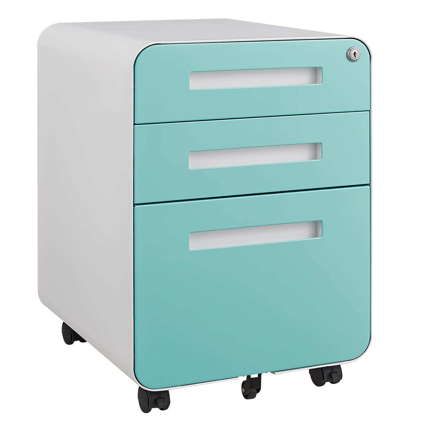 The 3 Drawer Mobile File Cabinet fits under a desk, has a white body with three teal drawers, recessed handles, a locking top drawer, and five caster wheels for mobility; stores legal/letter/A4 files in durable, moisture-proof steel.