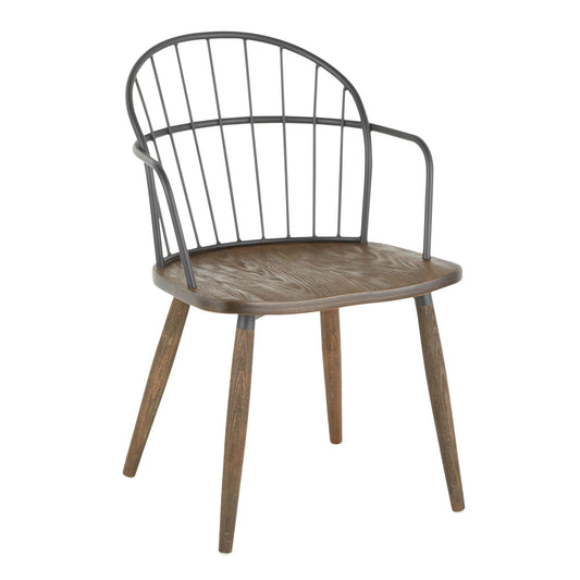 The Riley - Farmhouse Office Chair features a curved black metal backrest with armrests, vertical metal slats, a natural wood grain seat, and four angled wooden legs.