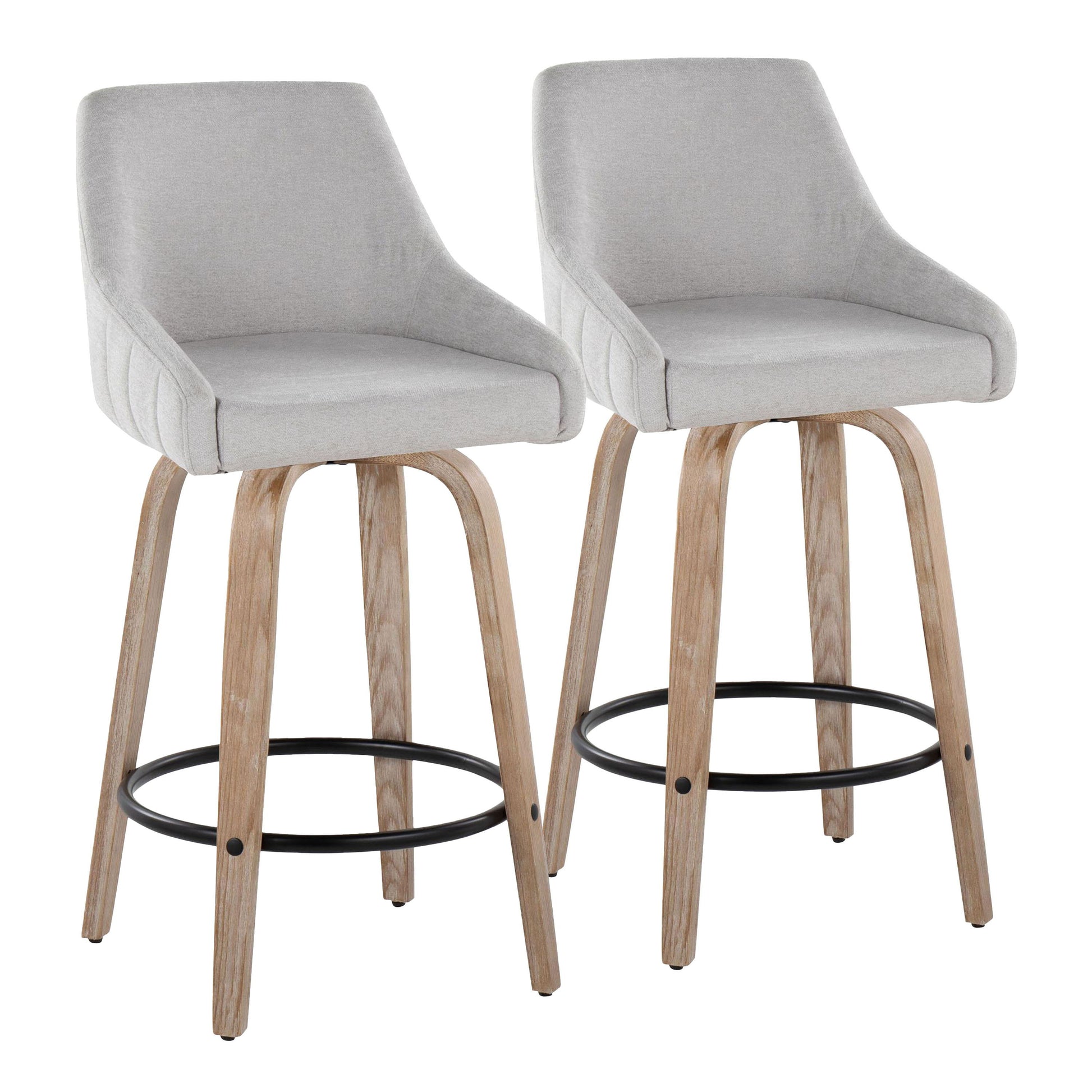 Set of 2 Hannah transitional fixed-height counter stools with swivel, featuring light gray cushioned seats and backs, light wood legs, and a round black footrest.