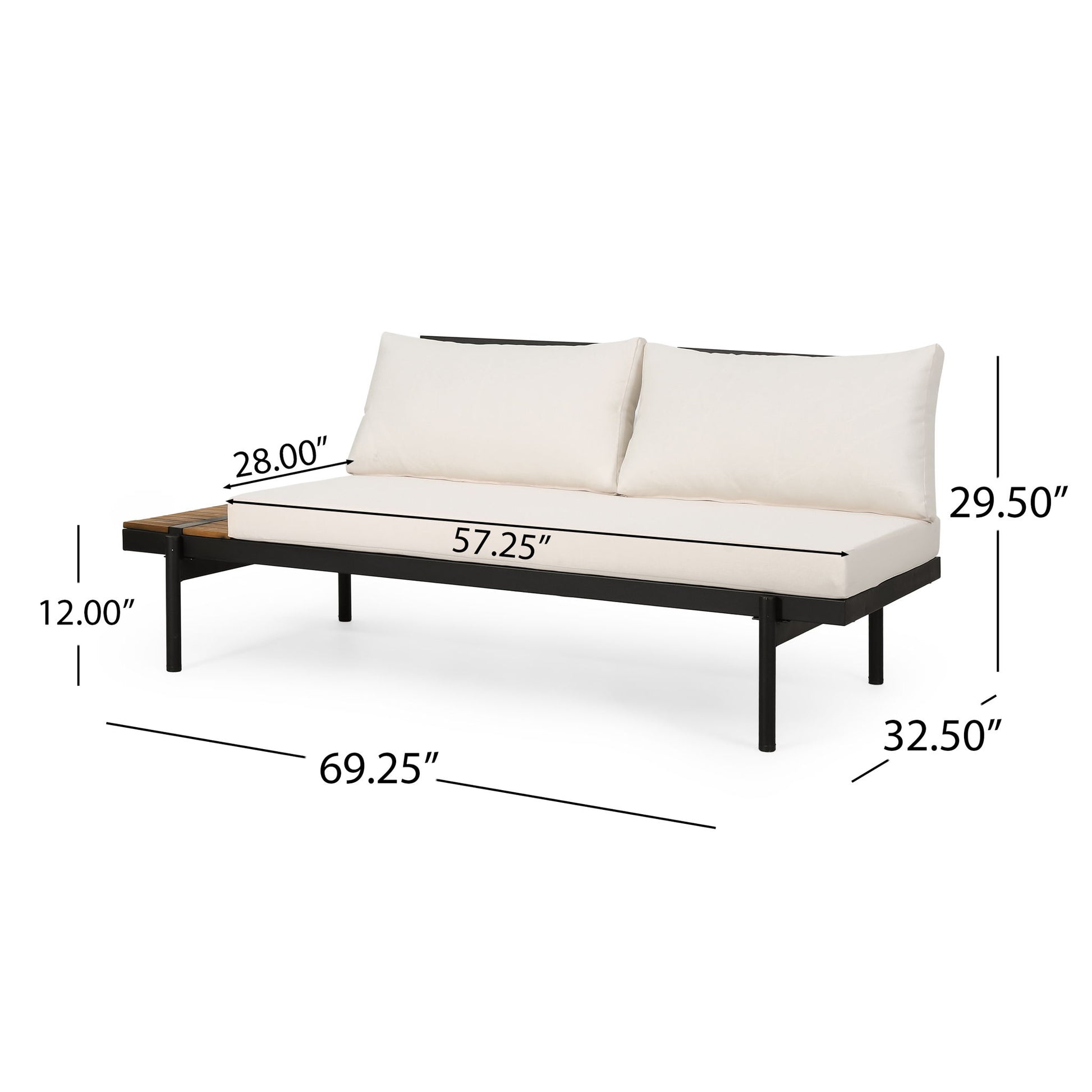 Theo 2 Seater Sofa: Modern black frame with white cushions, measures 69.25" wide (seat width 57.25"), 32.5" deep (seat depth 28"), side table width 12", and height 29.5".