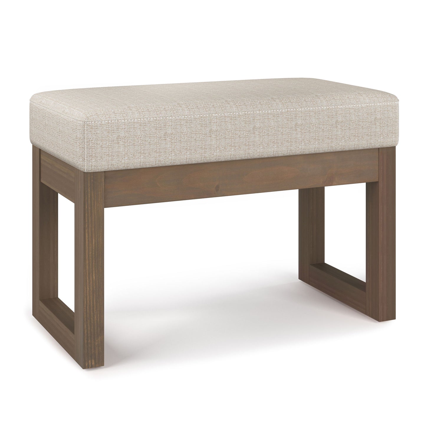 The Milltown Upholstered Ottoman Bench features a cushioned light beige seat and a wooden base with square, open legs in a dark brown finish. Its modern, minimalist design adds style and comfort to any space.