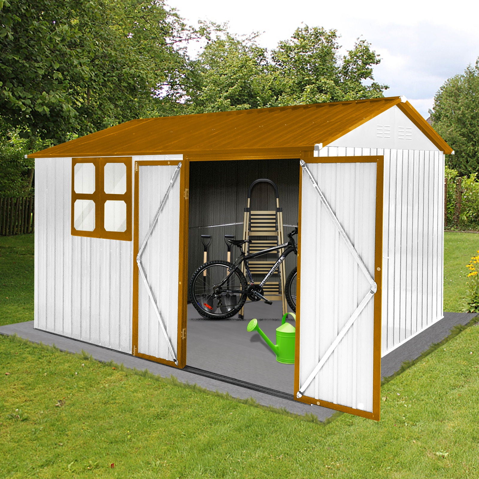 A 10' x 8' Garden Shed Outdoor Storage Shed with window, featuring white and brown panels and double doors open to show a black bicycle, green watering can, and stacked outdoor chairs inside. Set on a grassy lawn with trees behind.