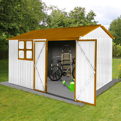 A 10' x 8' Garden Shed Outdoor Storage Shed with window, featuring white and brown panels and double doors open to show a black bicycle, green watering can, and stacked outdoor chairs inside. Set on a grassy lawn with trees behind.