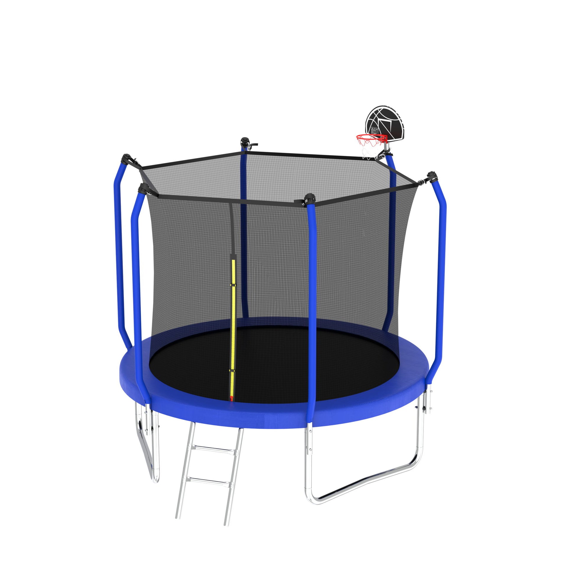 A Trampoline With Basketball Hoop, ASTM Approved Reinforced Outdoor Trampoline with enclosure net, featuring a blue hexagonal frame, metal ladder, and attached hoop in one corner, set against a white background.