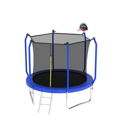 A Trampoline With Basketball Hoop, ASTM Approved Reinforced Outdoor Trampoline with enclosure net, featuring a blue hexagonal frame, metal ladder, and attached hoop in one corner, set against a white background.