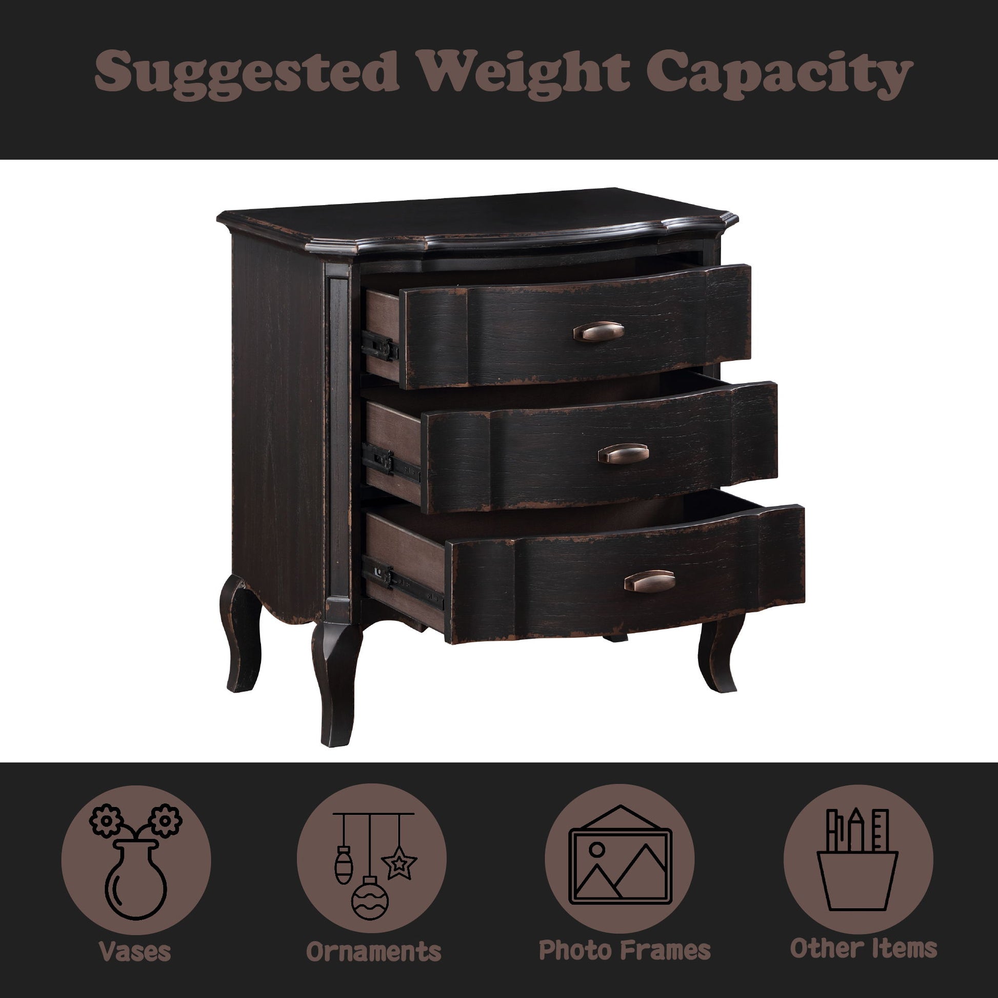 The Chelmsford Nightstand, featuring a classic and modern design, is shown with three open drawers above icons highlighting its weight capacity for vases, ornaments, photo frames, and other items.