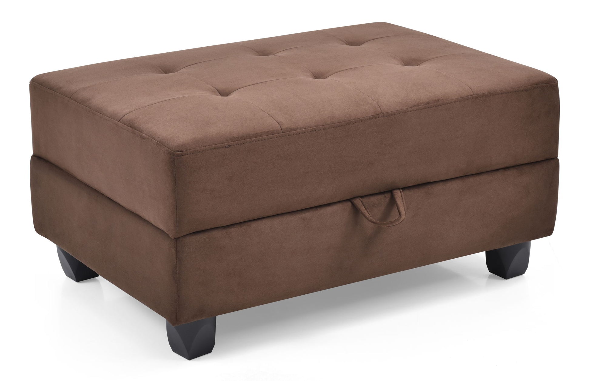 The Stylish Storage Contemporary Ottoman is rectangular and brown with tufted top detailing, a front pull handle, and four short dark wooden legs, shown against a white background.