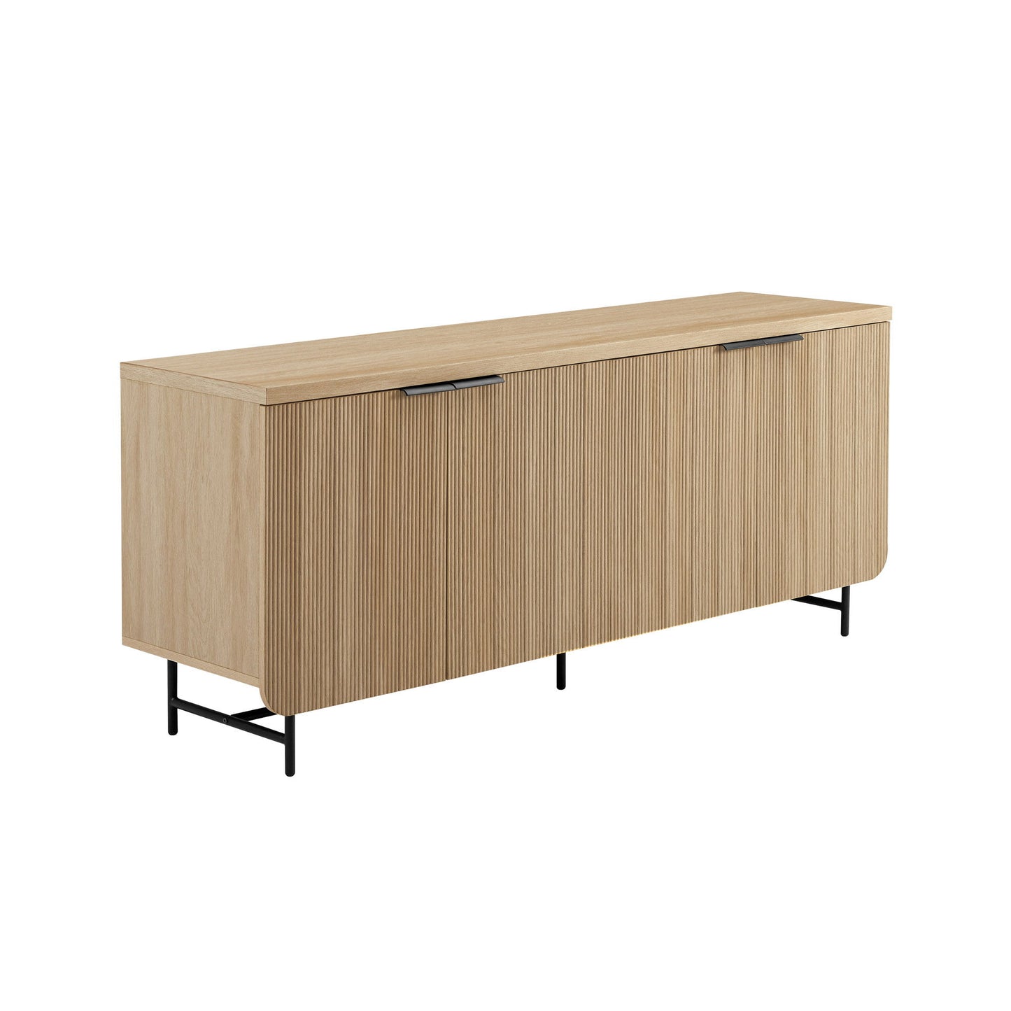 The Modern Fluted Door Minimalist Storage Sideboard features a light oak finish, fluted doors, black metal legs, and minimalist black handles, displayed against a plain white background.