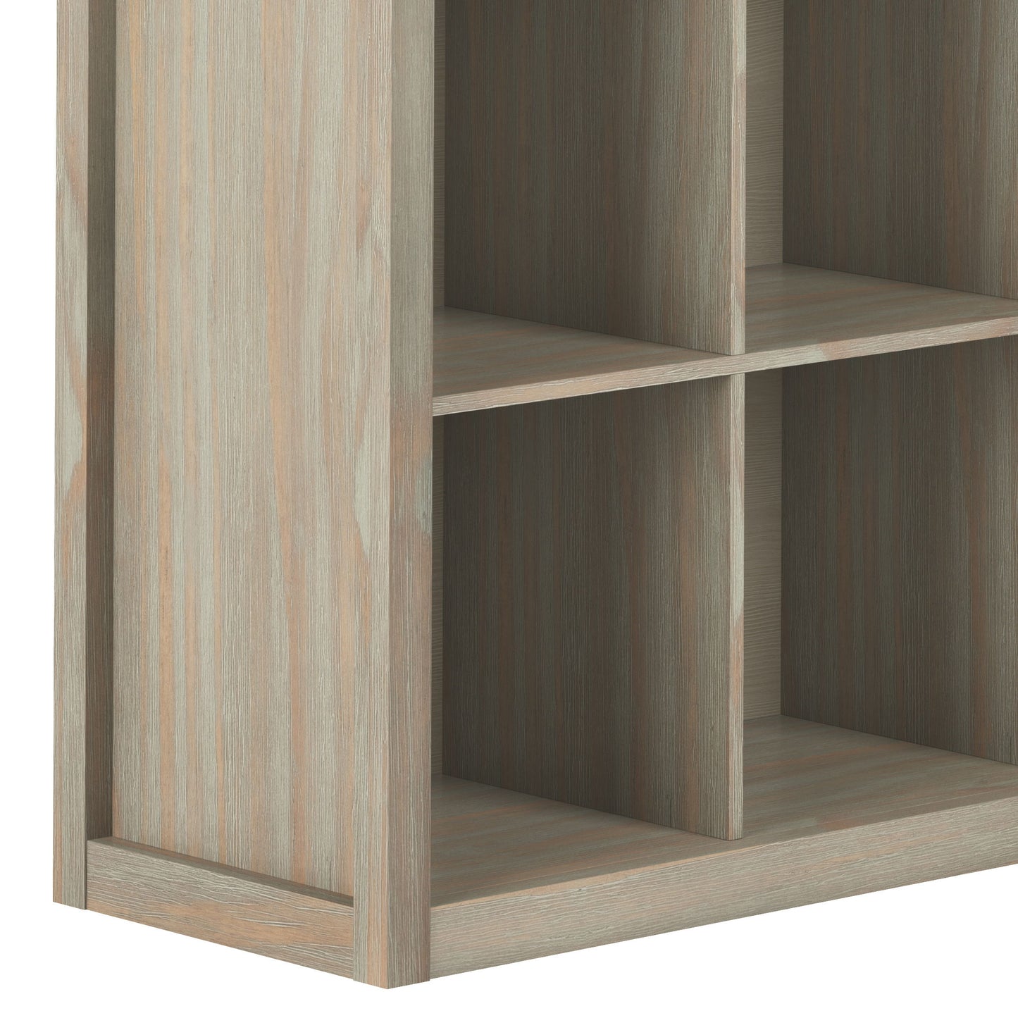 Close-up side and partial front view of the Artisan - Cube Storage, a light brown wooden shelf with a grid design featuring four square compartments.