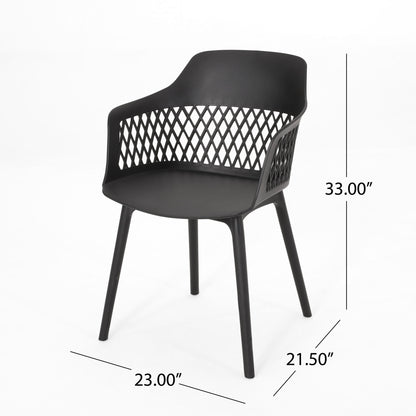 The Azalea Chair (Set of 2) features a black modern design with a curved backrest, diamond-patterned open sides, four straight legs, and measures 33” tall, 23” wide, and 21.5” deep.
