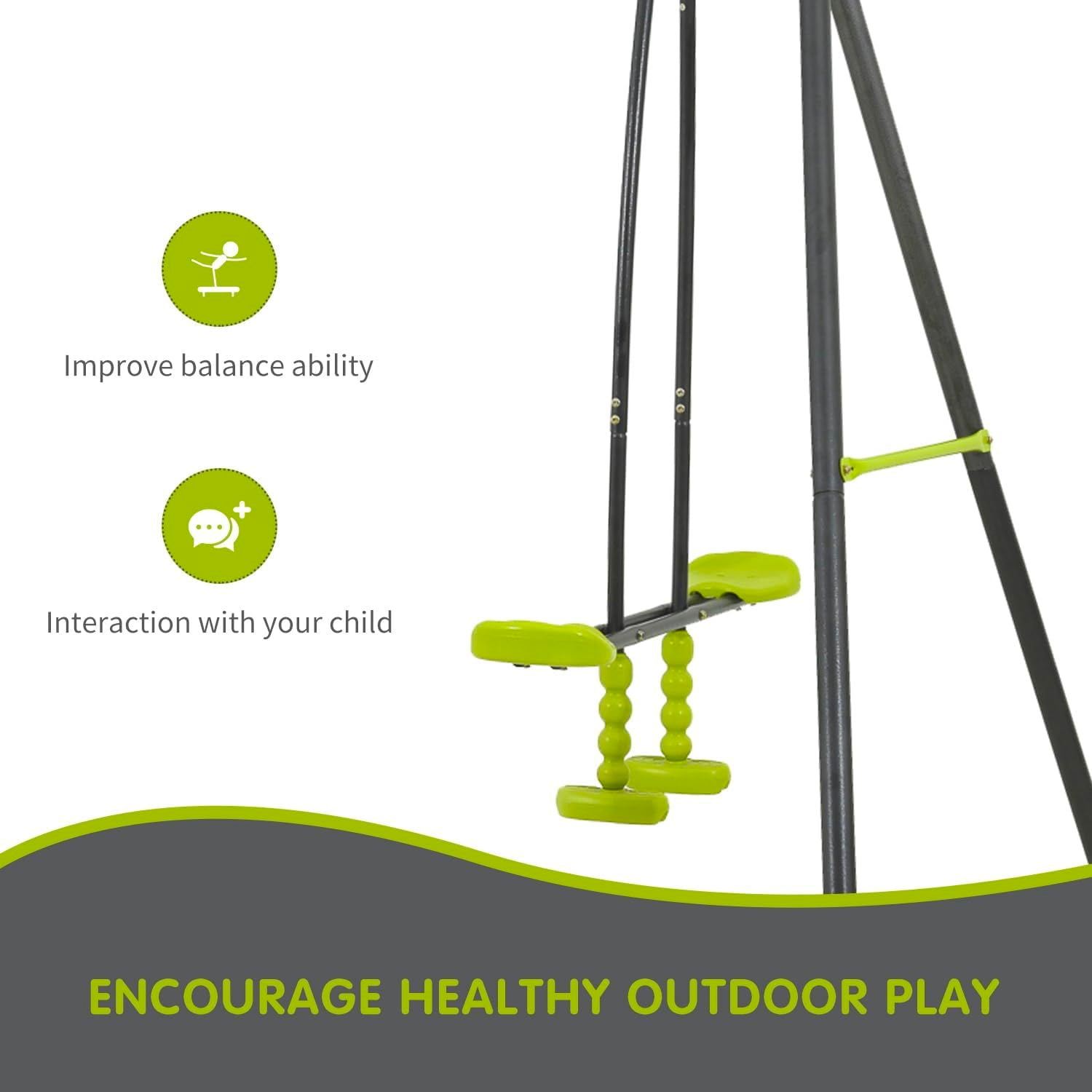 The Xns008 Triple Children Metal Safe Swing Set (Green/Black, 440lbs) is designed for ages 3+. Improve balance, interact with your child, and encourage healthy outdoor play on this three-seat swing for playground fun.