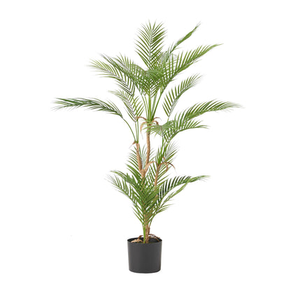 The Artificial Palm Tree features tall, slender, green arching fronds in a simple black pot, set against a plain white background.