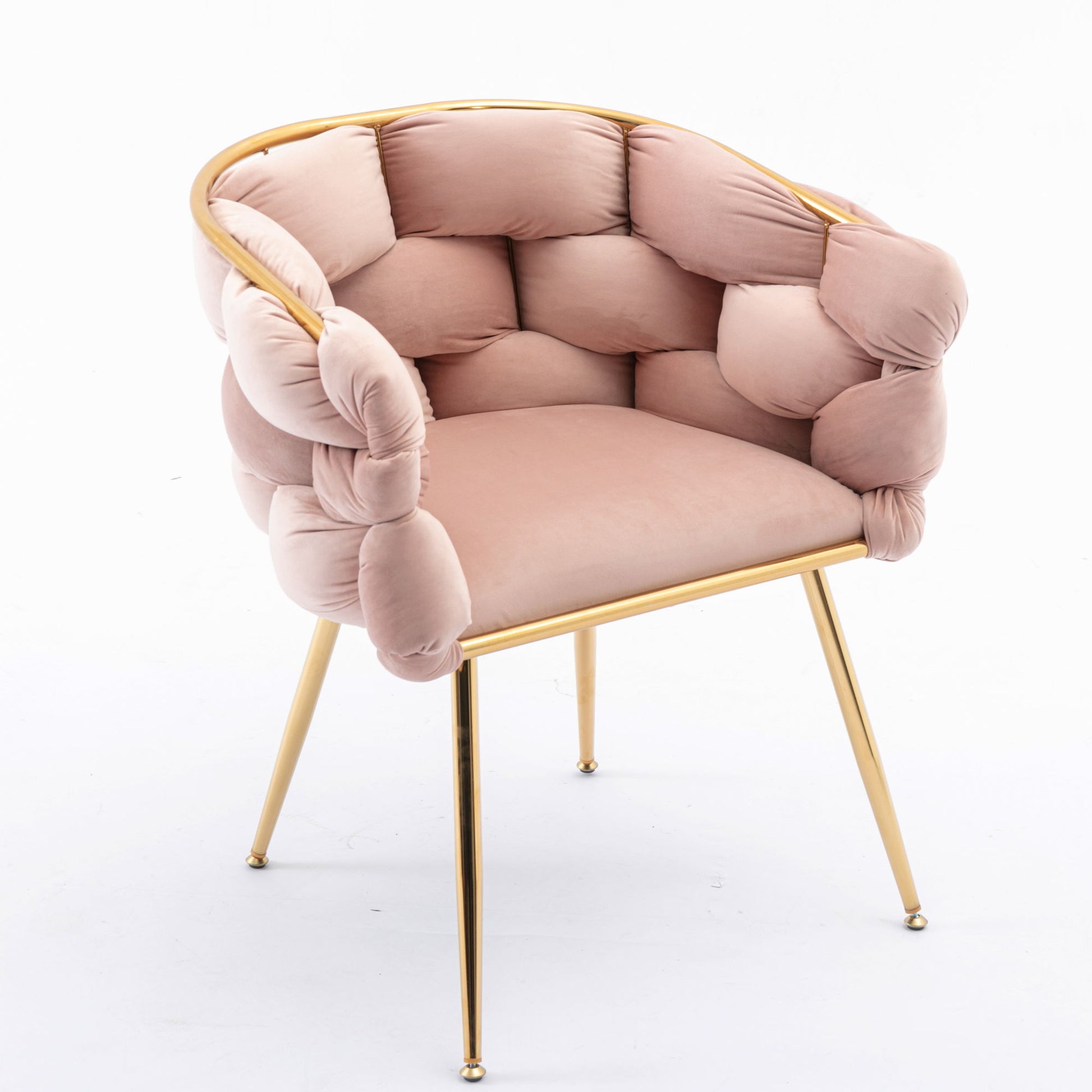 The Luxury Modern Simple Leisure Velvet Single Sofa Chair features plush pink tufted upholstery, a gold metal frame, slim gold legs, and is perfect for bedrooms, dressers, or as a manicure table back chair.