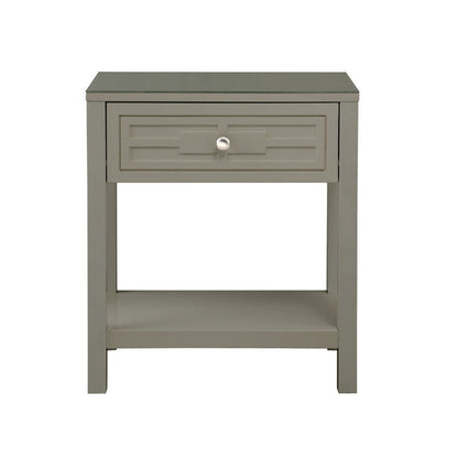 The Dylan Wooden End Side Table Nightstand features a glass top, single drawer with round knob, open lower shelf, and a simple modern rectangular design with clean lines.