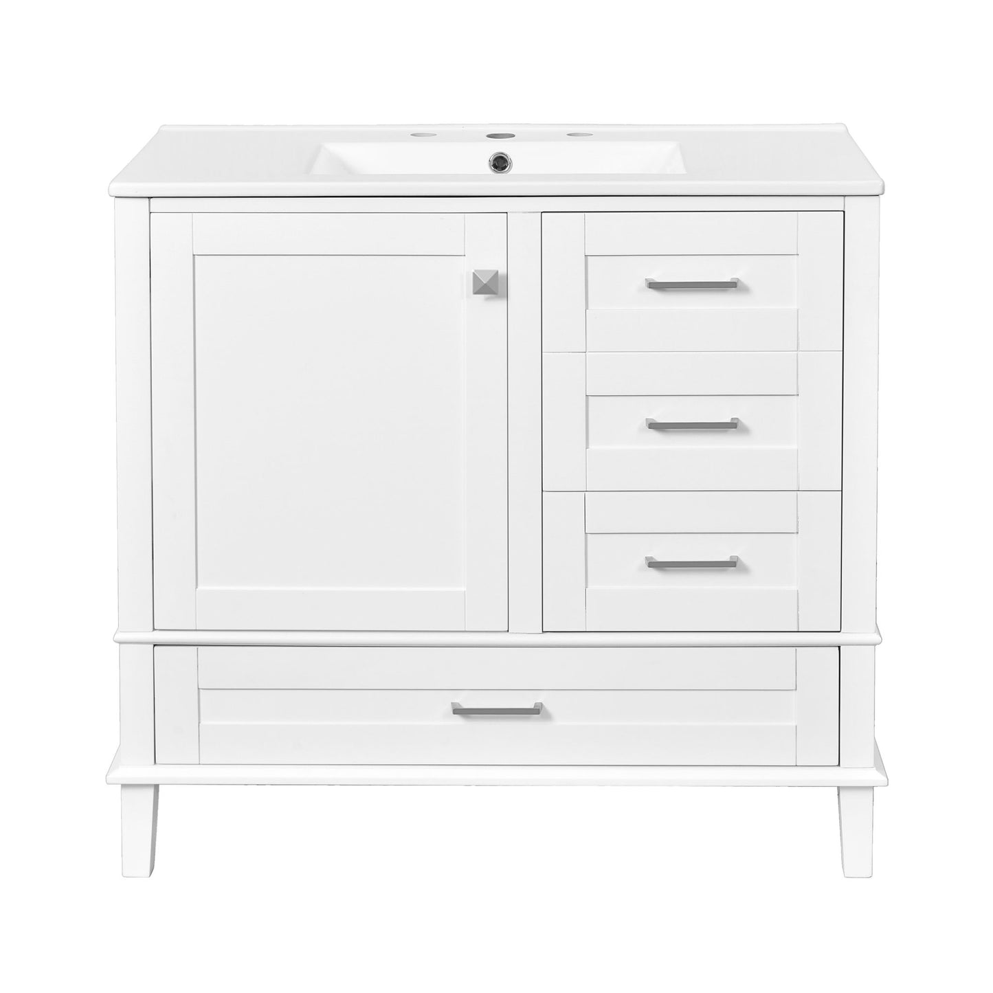 A modern bathroom vanity with a rectangular sink, solid wood frame, one soft-closing cabinet door, and three drawers for storage.