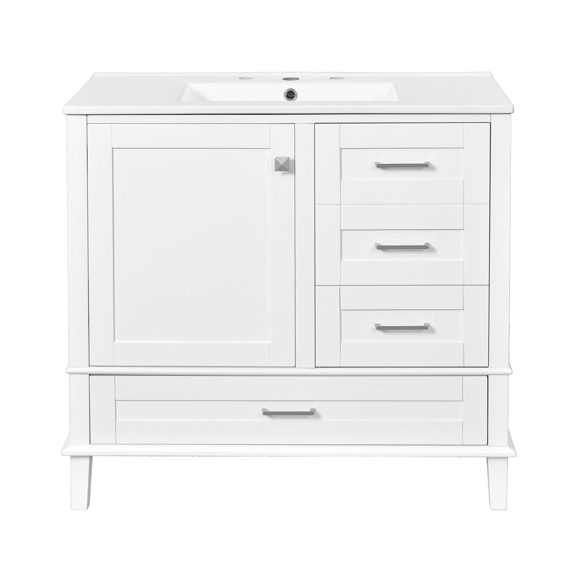 A modern bathroom vanity with a rectangular sink, solid wood frame, one soft-closing cabinet door, and three drawers for storage.