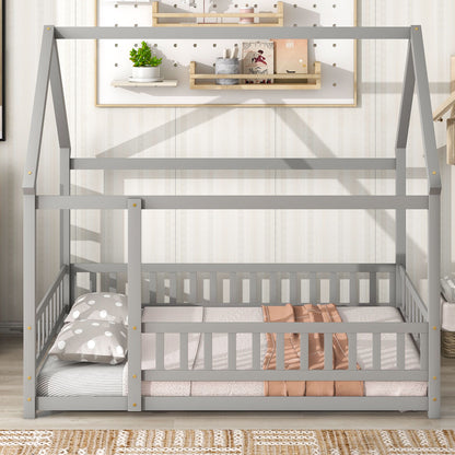 A grey Floor Wooden Bed with a house roof frame and fence guardrails.