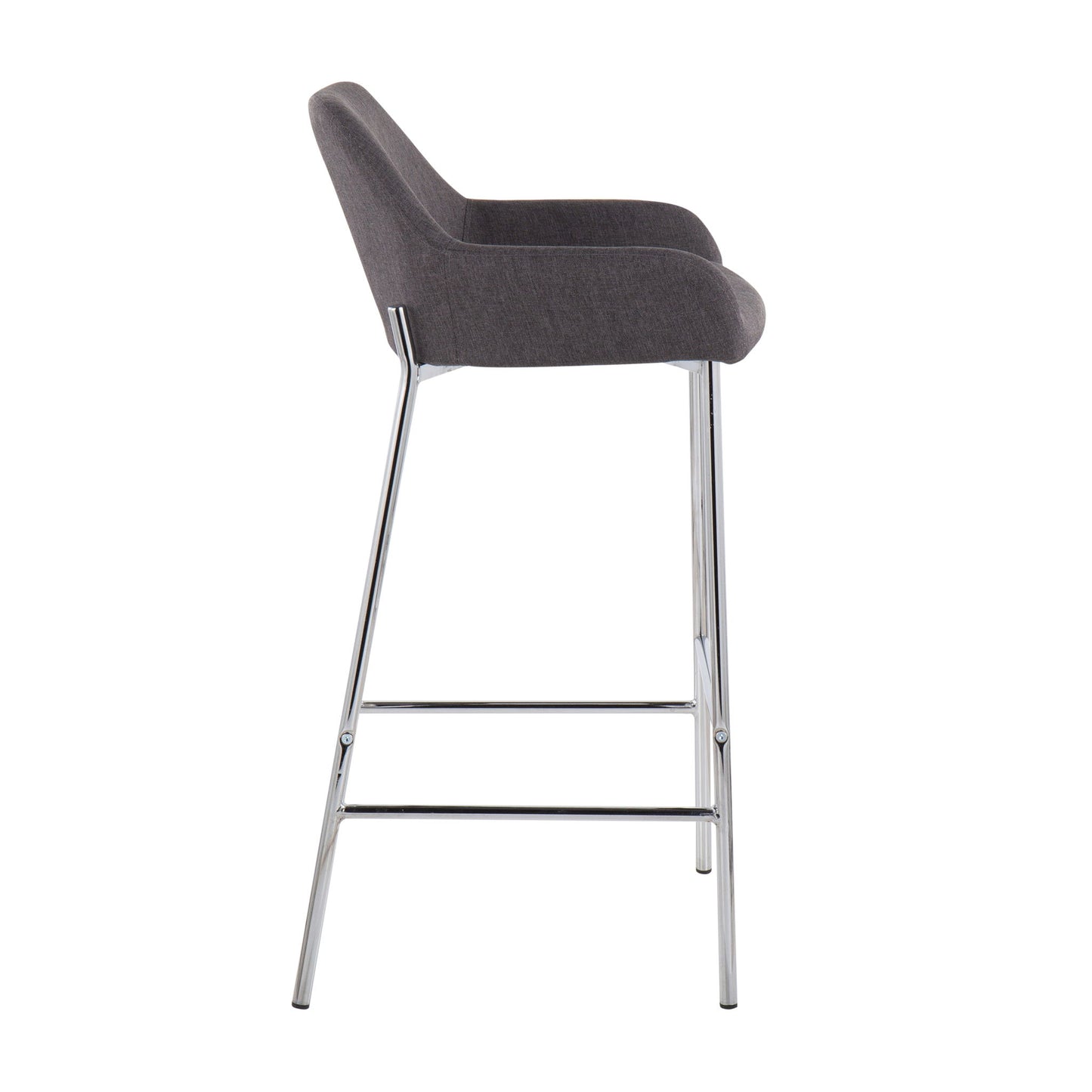 Side view of the Daniella Contemporary Fixed Height Bar Stool (Set of 2), showcasing a gray upholstered seat, chrome metal legs with footrest, and low backrest, set against a plain white backdrop.