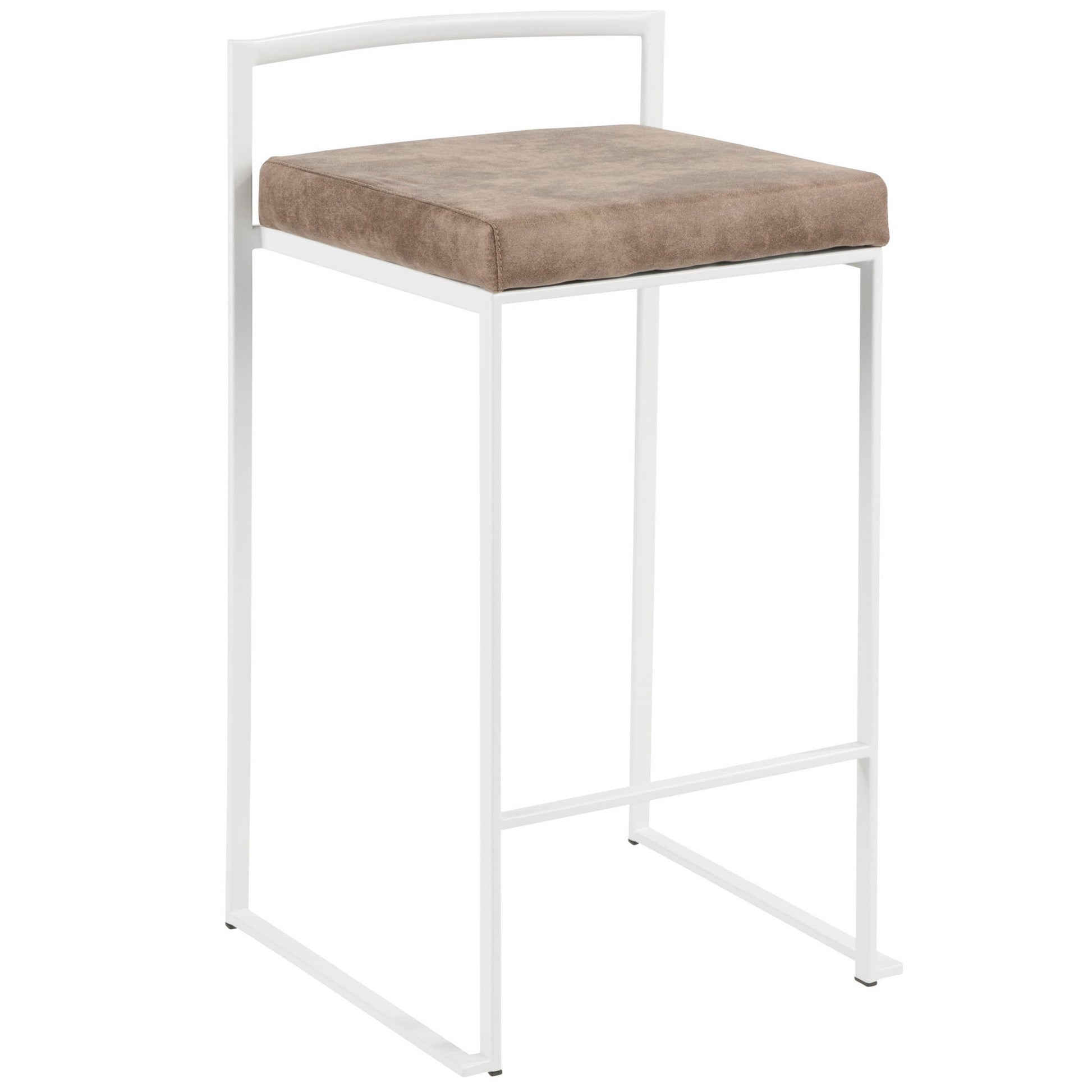 The Fuji – Simple Elegance, Contemporary Stackable Counter Stool features a white metal frame, square base, cushioned brown seat, minimalist design with clean lines, and an open backrest.