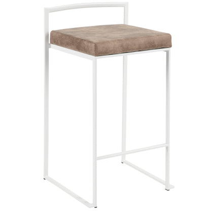 The Fuji – Simple Elegance, Contemporary Stackable Counter Stool features a white metal frame, square base, cushioned brown seat, minimalist design with clean lines, and an open backrest.
