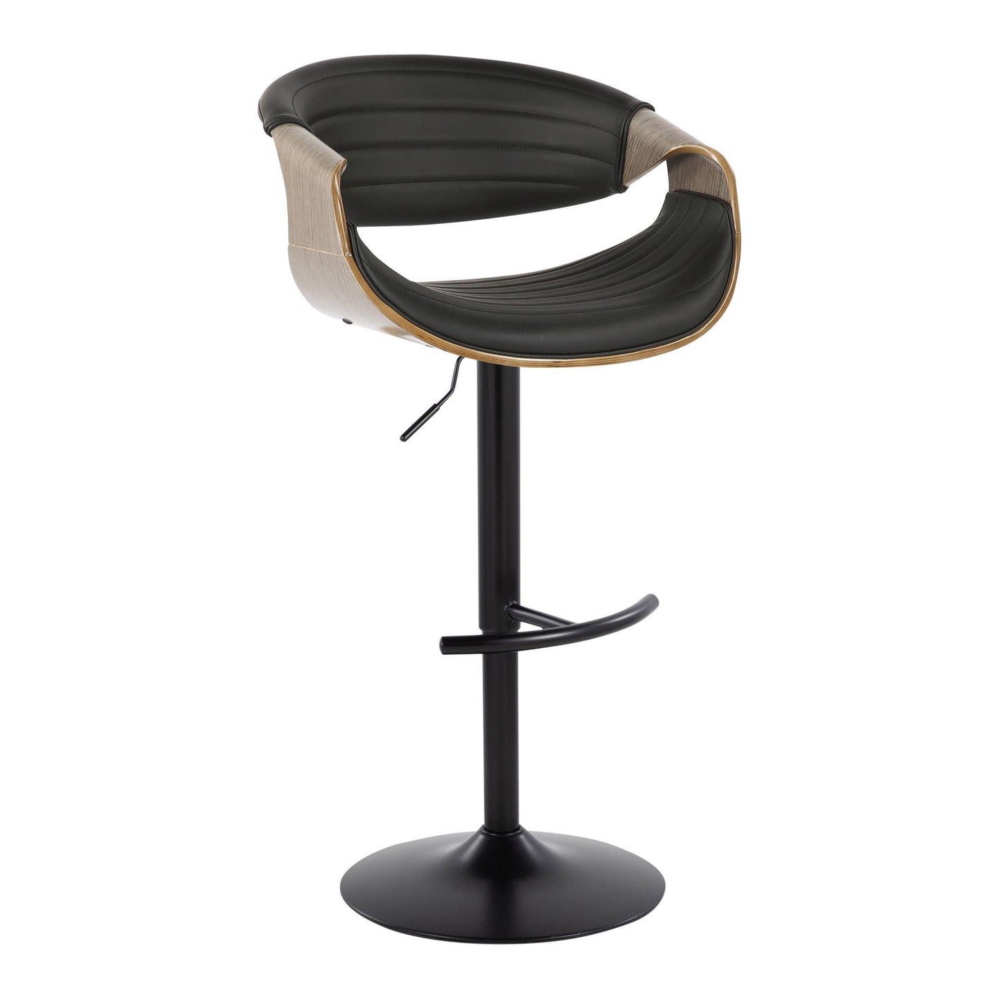 The Symphony set features two mid-century modern adjustable barstools with swivel, curved black cushioned seats, wooden outer shells, and black metal bases with rounded T footrests and height levers.