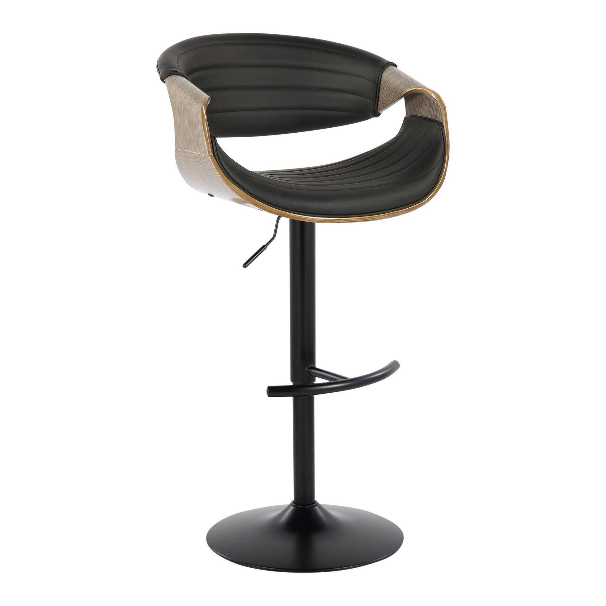 The Symphony set features two mid-century modern adjustable barstools with swivel, curved black cushioned seats, wooden outer shells, and black metal bases with rounded T footrests and height levers.