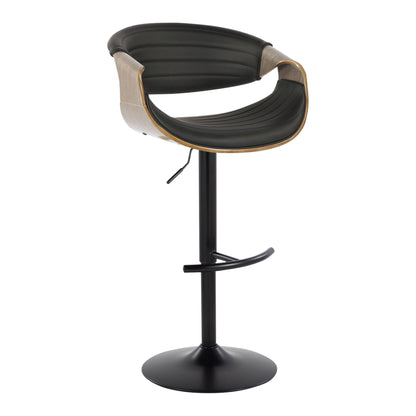 The Symphony set features two mid-century modern adjustable barstools with swivel, curved black cushioned seats, wooden outer shells, and black metal bases with rounded T footrests and height levers.