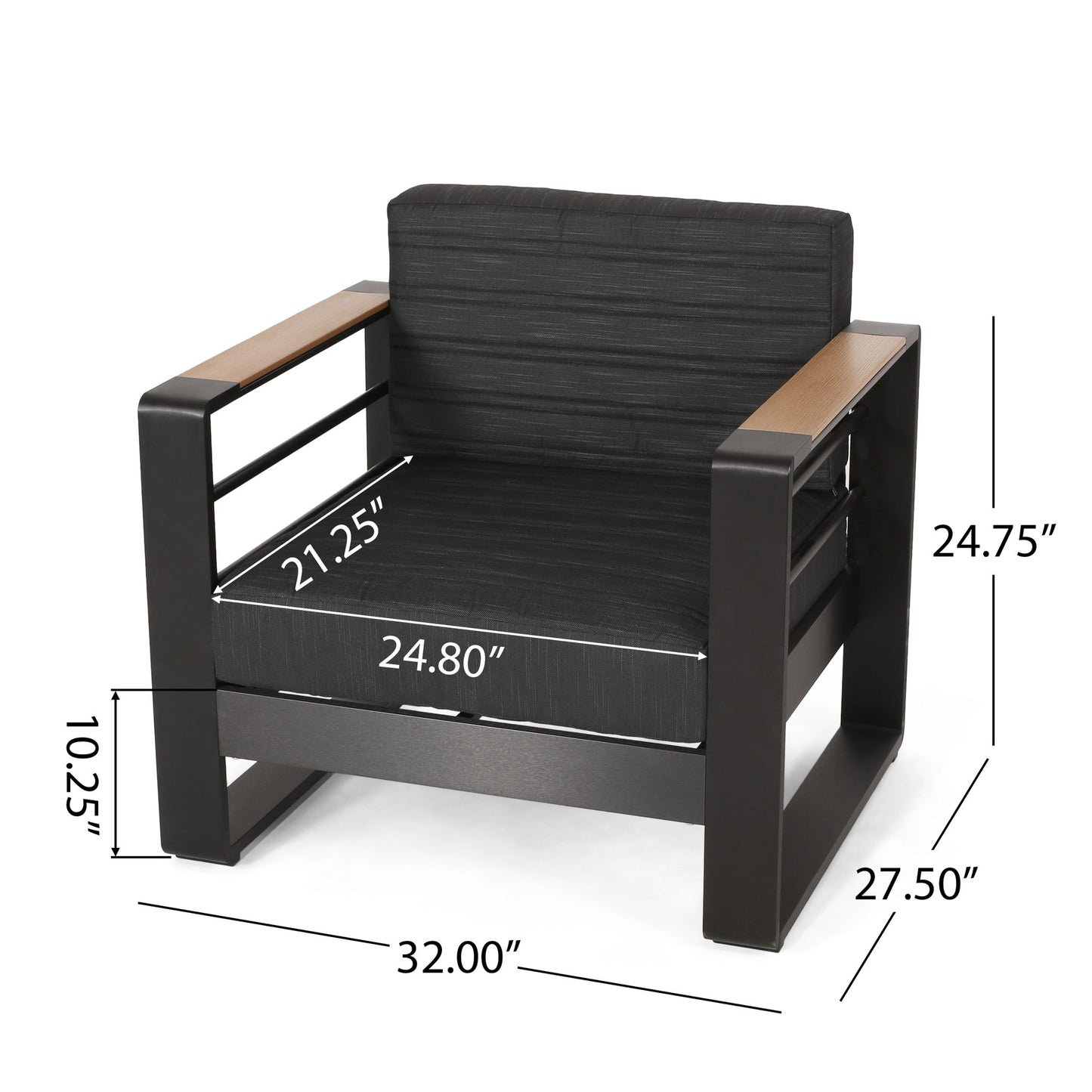 The Giovanna Club Chair Set features a black aluminum frame, wood-accented armrests, and black cushions. Dimensions: seat depth 21.25", width 24.80", height 10.25", arm height 24.75", chair depth 27.50", width 32".