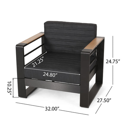 The Giovanna Club Chair Set features a black aluminum frame, wood-accented armrests, and black cushions. Dimensions: seat depth 21.25", width 24.80", height 10.25", arm height 24.75", chair depth 27.50", width 32".
