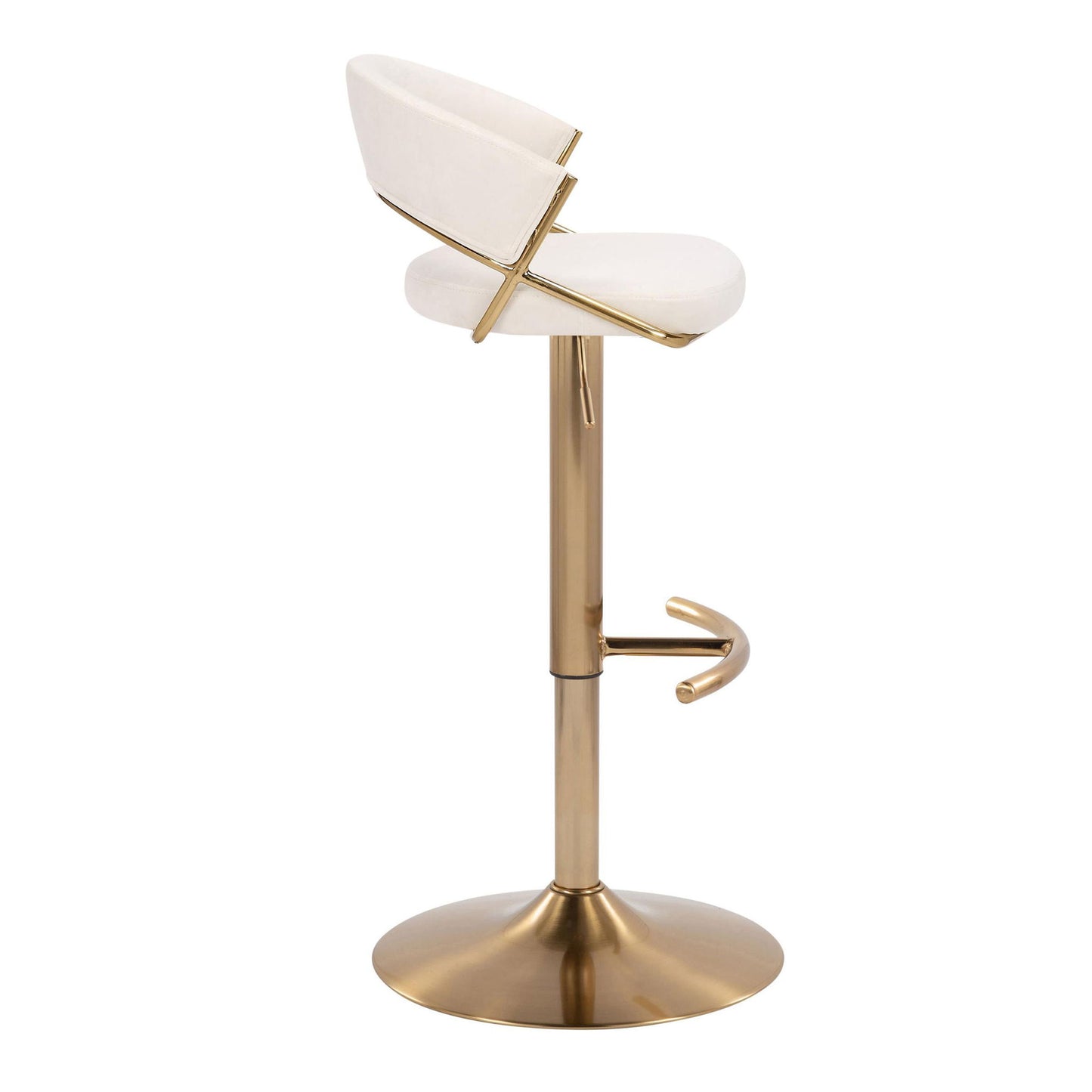 The Jie Contemporary Adjustable Barstool (Set of 2) features a white cushioned seat and backrest, gold metal frame, circular base, and rounded T footrest. Its sleek design offers modern style with swivel functionality.