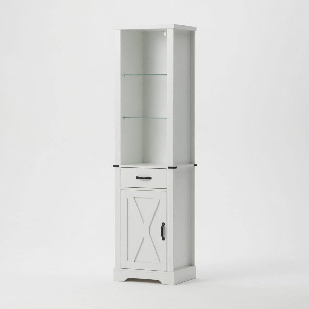 Pantry Cabinet With LED Lights And Barn Door With Tempered Glass Shelves - White