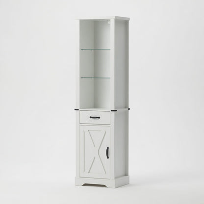 Pantry Cabinet With LED Lights And Barn Door With Tempered Glass Shelves - White