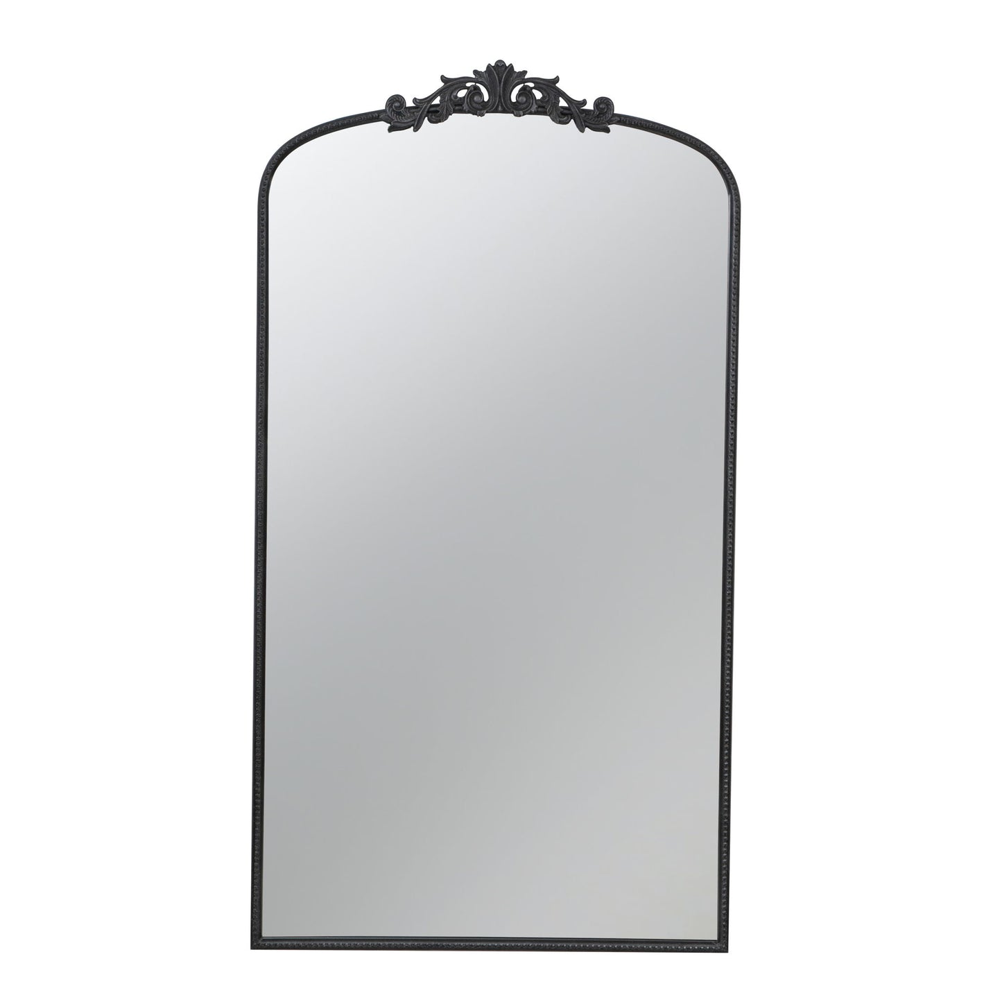 The Arch Mirror is a baroque-inspired wall decor piece featuring a tall, rectangular shape, black ornate frame with floral design at the arched top, and a beaded border—perfect for bathroom, bedroom, or living room.