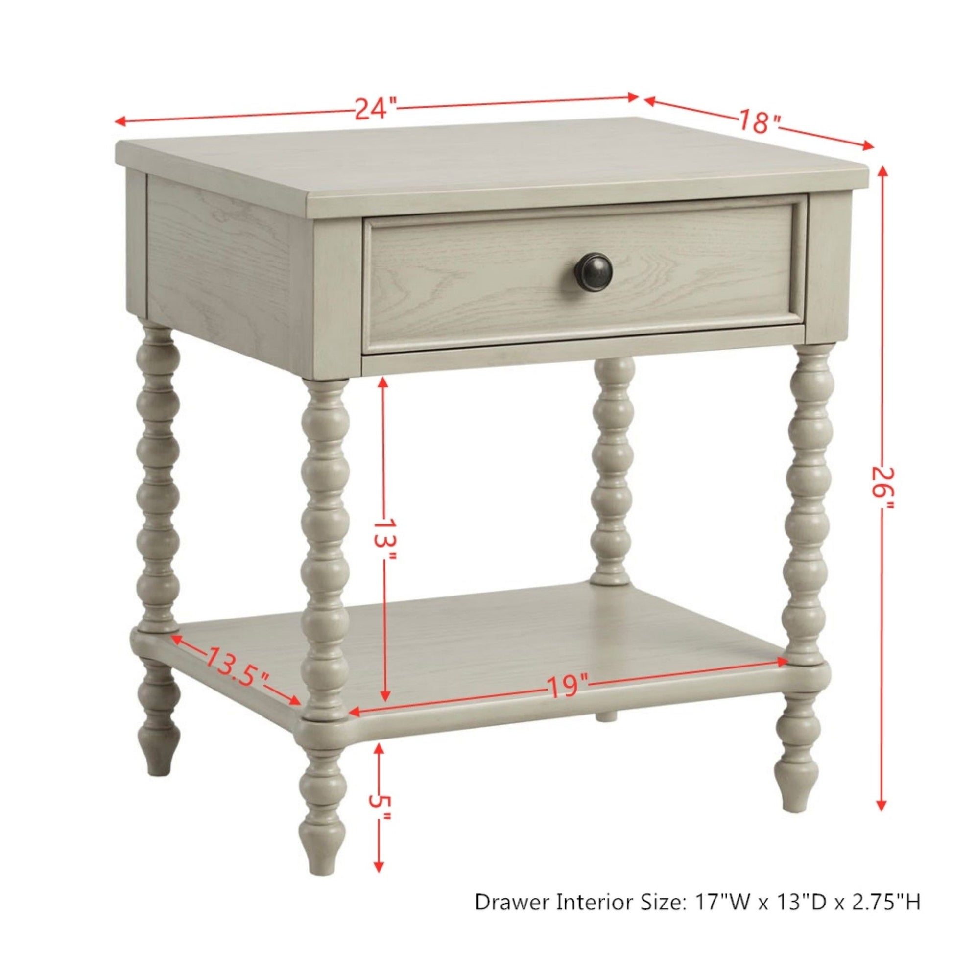 The Traditional Durable Nightstand Table With Drawer And Shelf features a light gray wood finish, one drawer (17"W x 13"D x 2.75"H), and a lower shelf. It measures 24"W x 18"D x 26"H, with red arrows showing measurements.