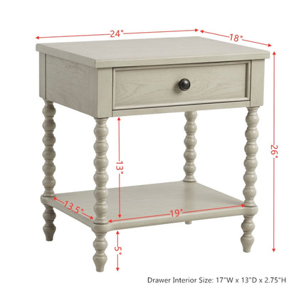 The Traditional Durable Nightstand Table With Drawer And Shelf features a light gray wood finish, one drawer (17"W x 13"D x 2.75"H), and a lower shelf. It measures 24"W x 18"D x 26"H, with red arrows showing measurements.