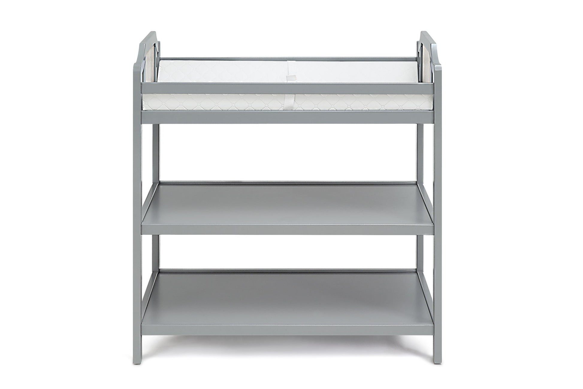 The Brees Changing Table is a gray wooden baby changing table with two open storage shelves and a white changing pad with safety strap on top, shown from the front against a white background.