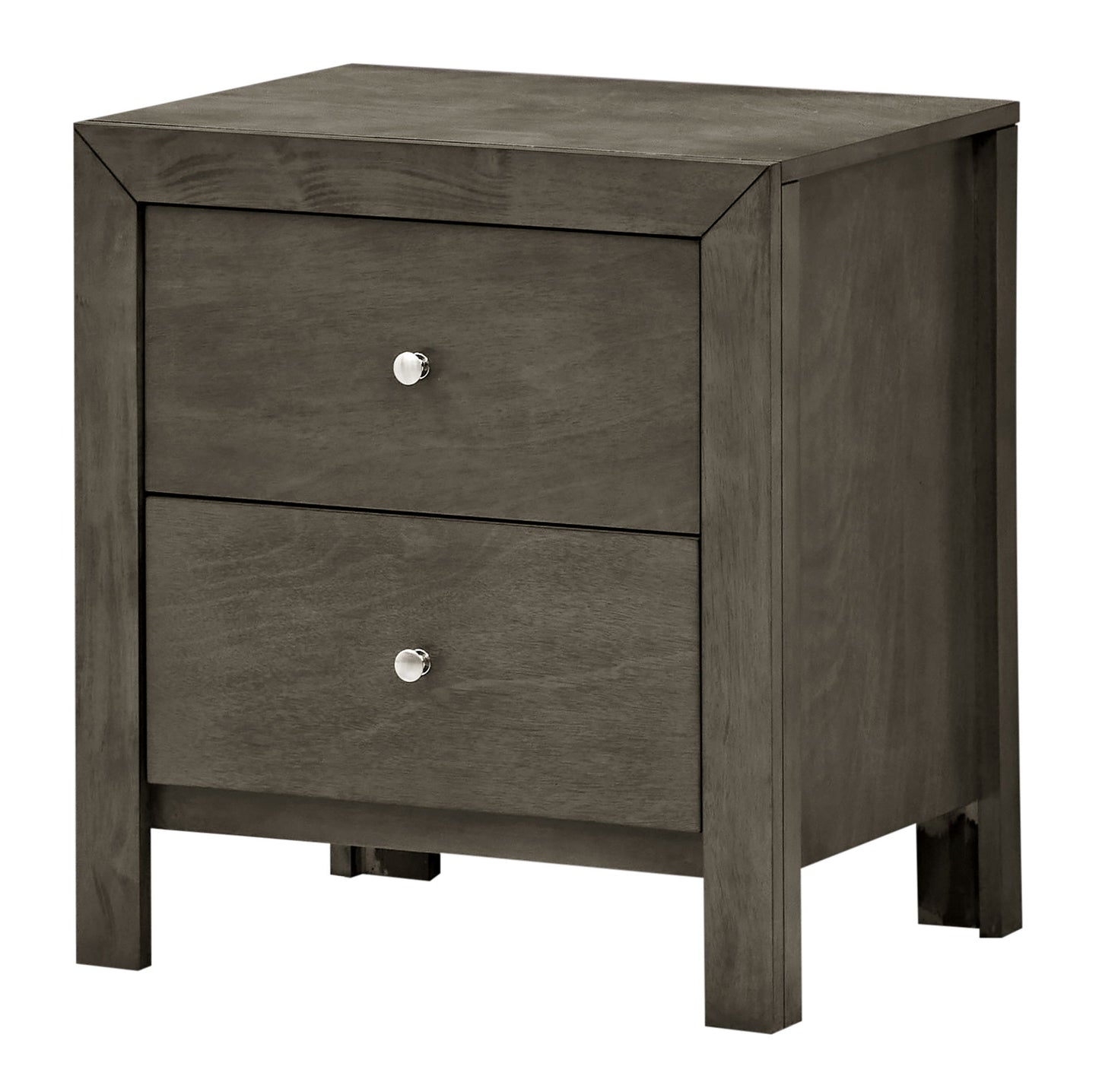 The Charming Nightstand With Drawers is a modern, rectangular wooden piece with a gray finish, two drawers each with a round silver knob, and four straight legs.