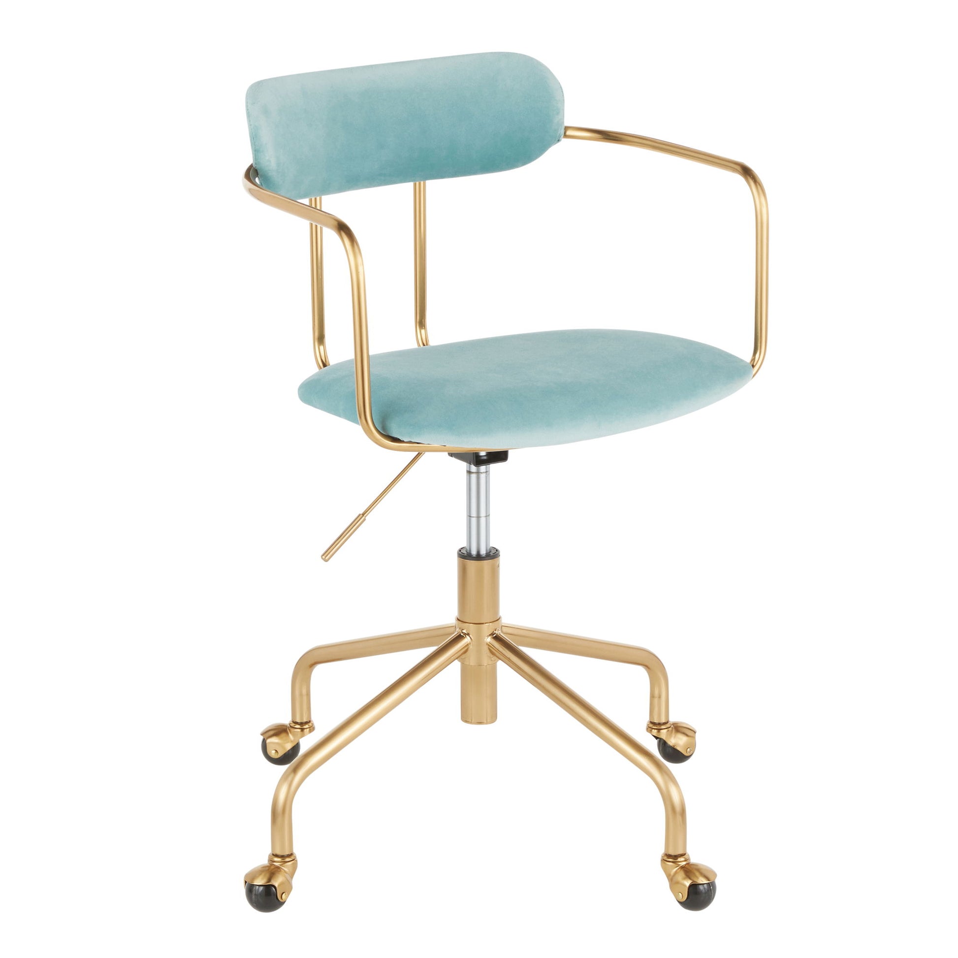 The Demi - Contemporary Office Chair features a gold metal frame, turquoise velvet seat and backrest, curved armrests, five caster wheels on a gold base, and an adjustable height lever for modern comfort.
