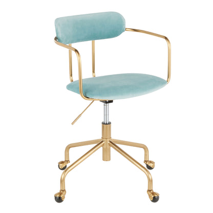 The Demi - Contemporary Office Chair features a gold metal frame, turquoise velvet seat and backrest, curved armrests, five caster wheels on a gold base, and an adjustable height lever for modern comfort.