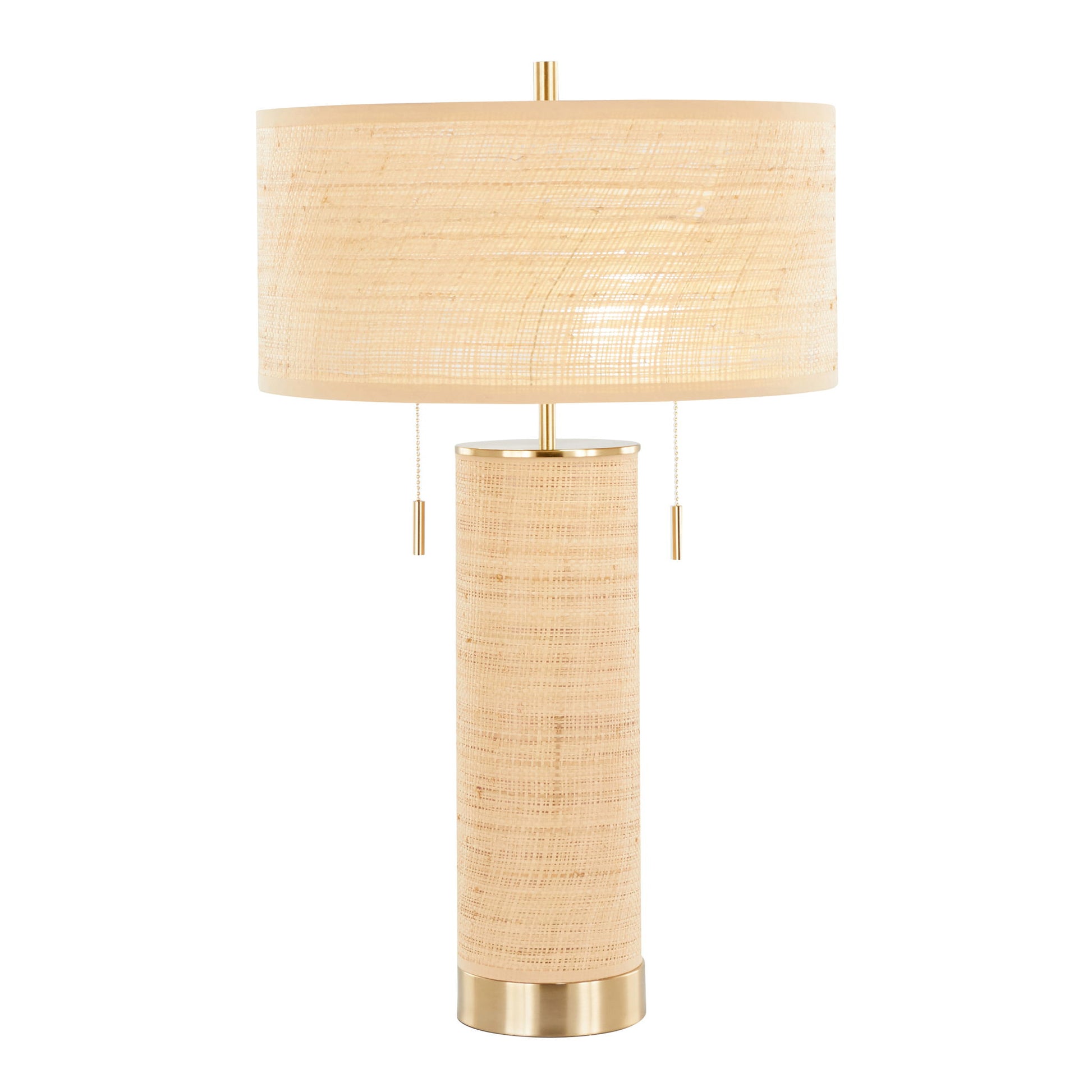 The Cylinder - Rattan Contemporary Rattan Table Lamp features a beige drum shade, cylindrical woven rattan base with gold accents, and two pull chains for easy operation.