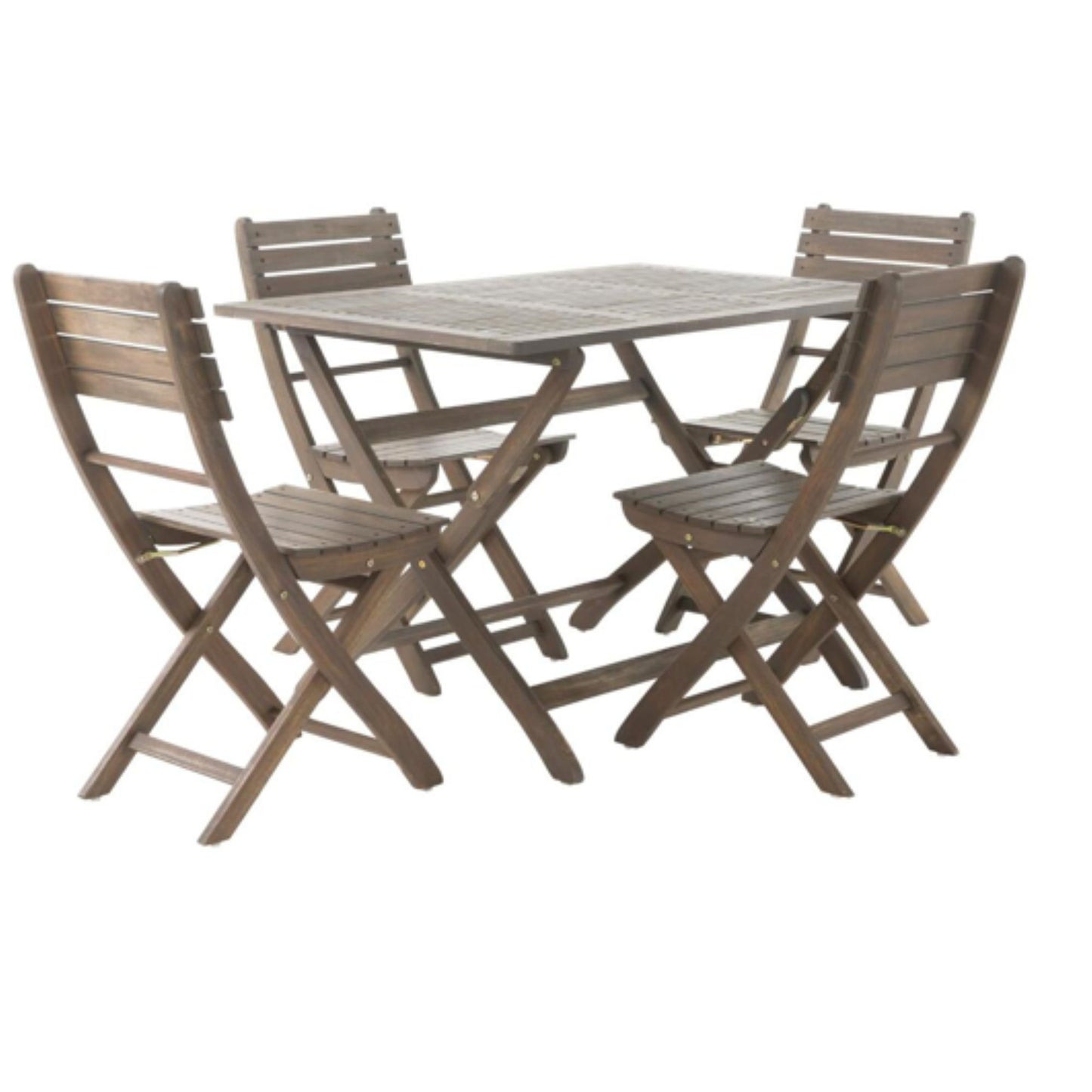 The Positano - Foldable Dining Set features a wooden square table and four matching folding chairs with slatted seats and backs, all arranged on a white background.