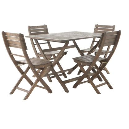 The Positano - Foldable Dining Set features a wooden square table and four matching folding chairs with slatted seats and backs, all arranged on a white background.