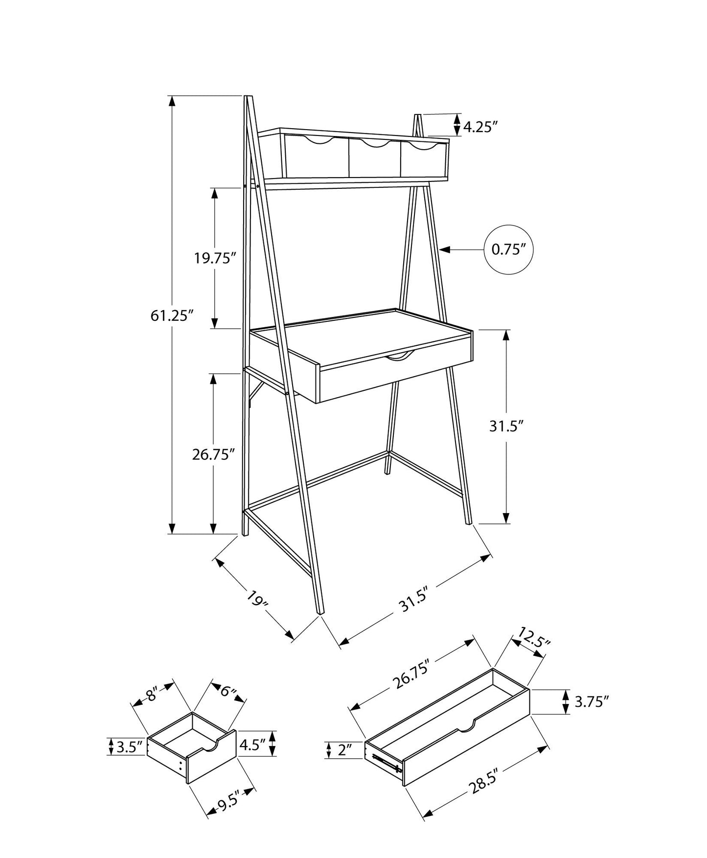 Line drawing of the Computer Desk For Home Office, Laptop, Leaning, Storage Drawers, Contemporary & Modern shows a ladder-style frame with shelf and drawer. Dimensions: 61.25" H x 31.5" W x 19" D; labeled measurements detail shelf, drawer, and parts.