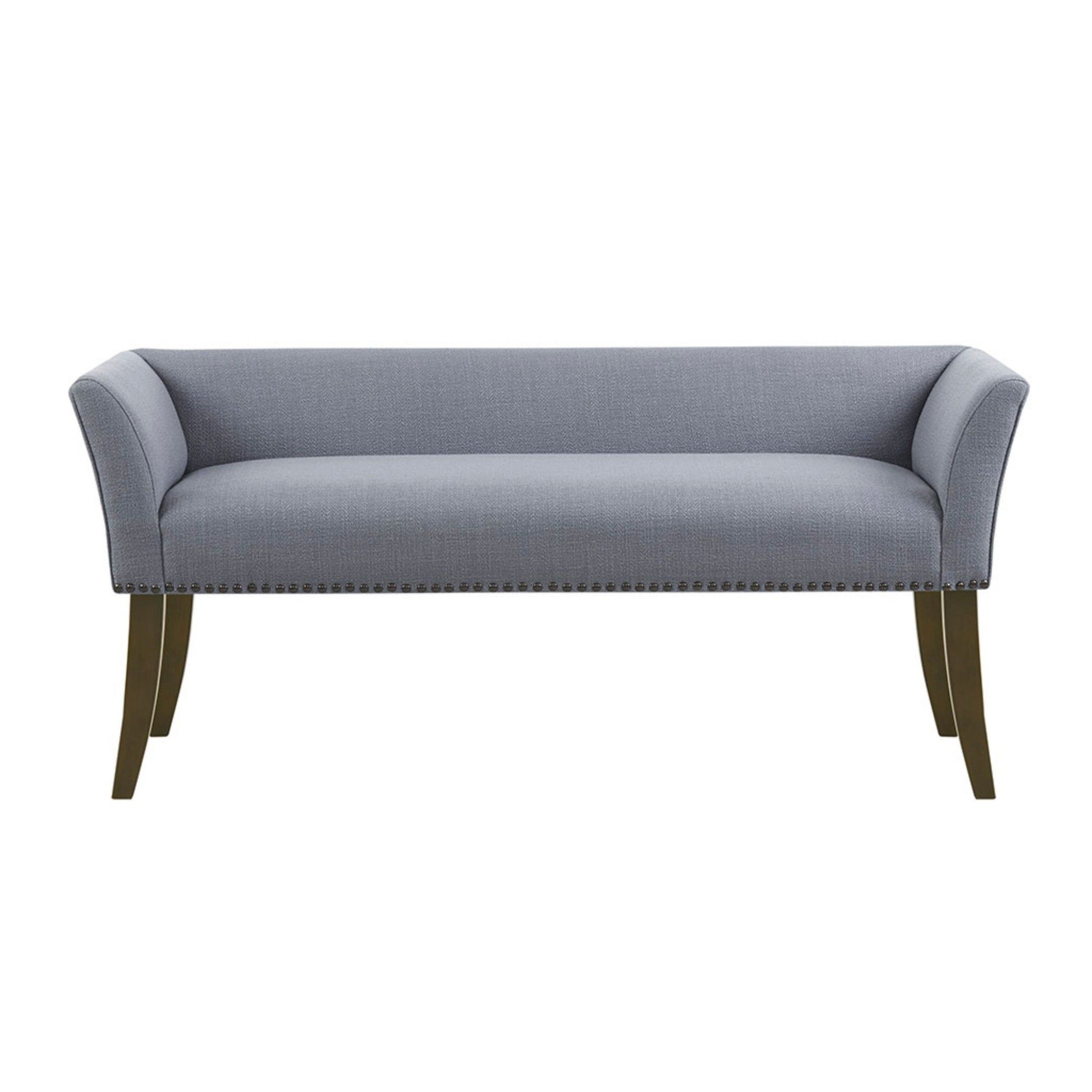 The Elegant Design Bench Upholstery features a modern light gray fabric, flared armrests, nailhead trim along the bottom edge, and sturdy dark solid wood legs, set against a plain white background.